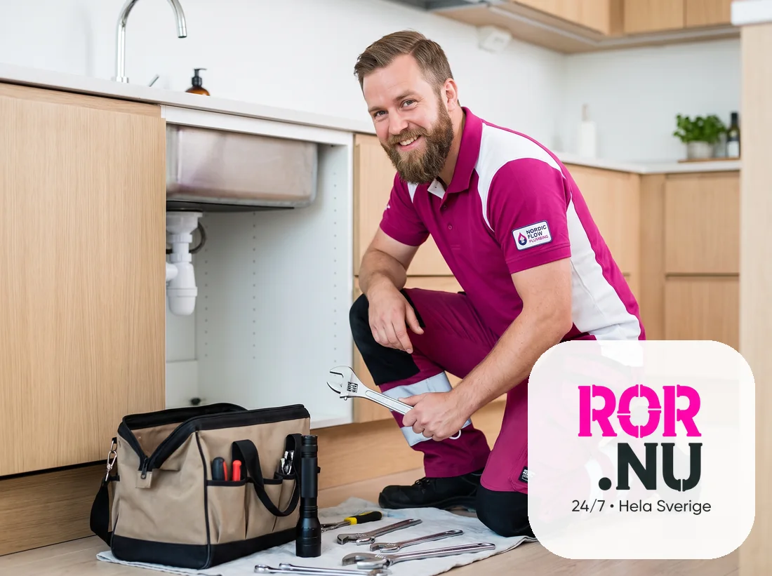Rörmokare från rör.nu som lagar rören under en köksvask